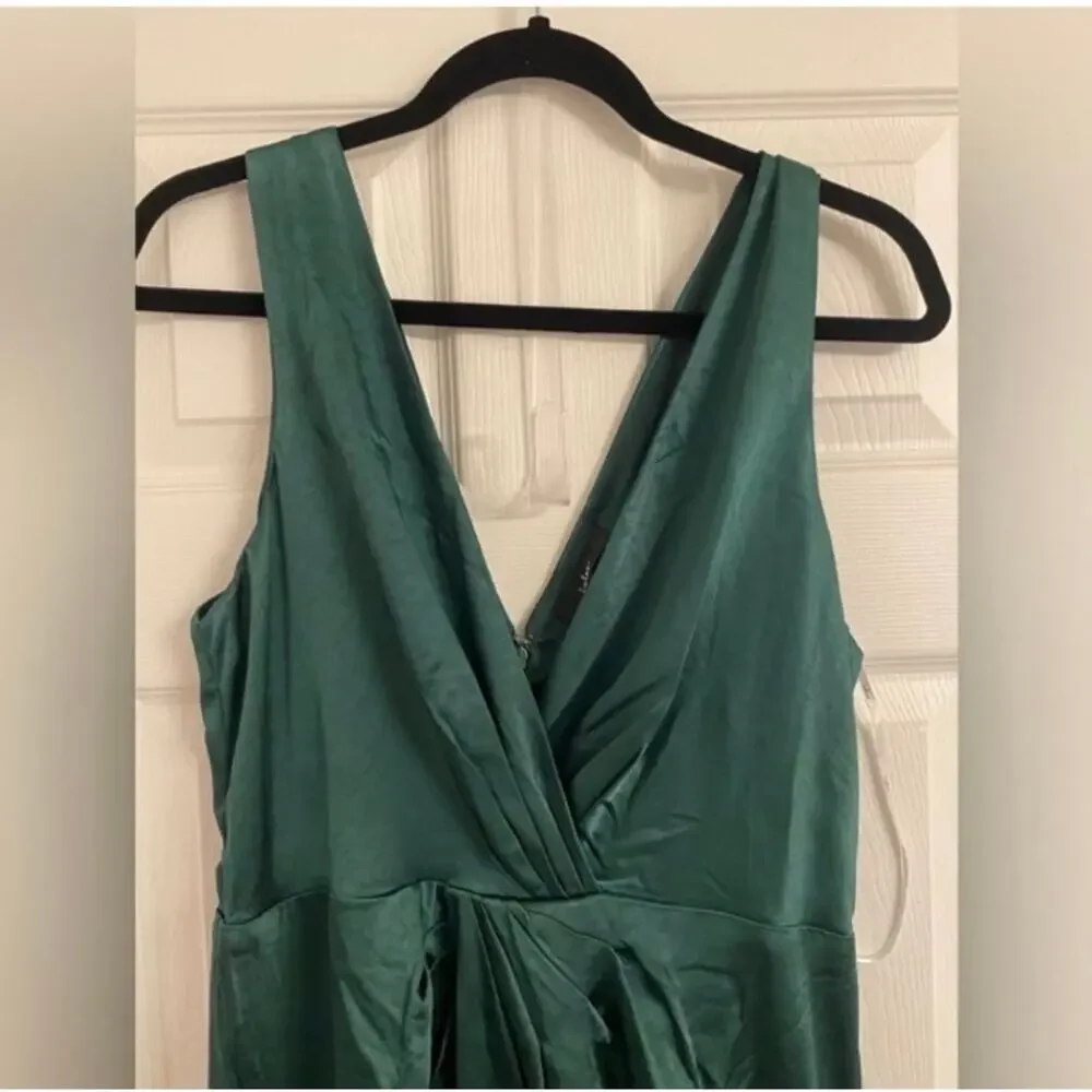 Lulus Formal Emerald Green Satin Gown Sleeveless Pleated Maxi Dress Size XS